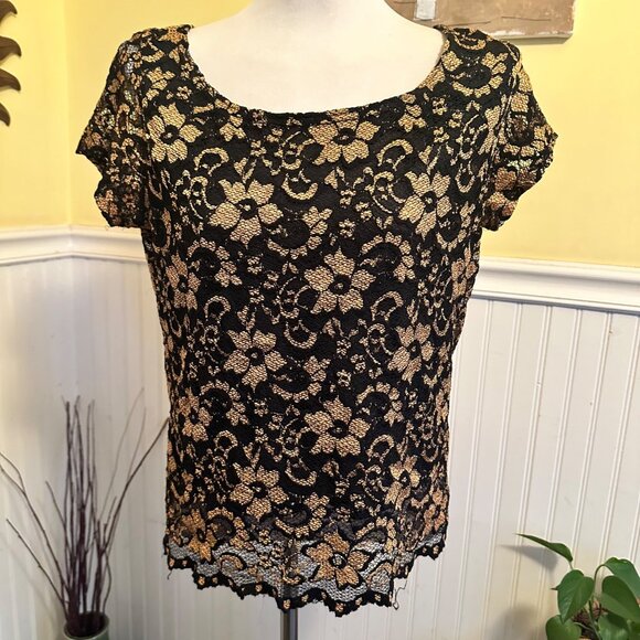 JKLA Vintage 90s Large Lace Stretch Top Gold and Black - Picture 1 of 10